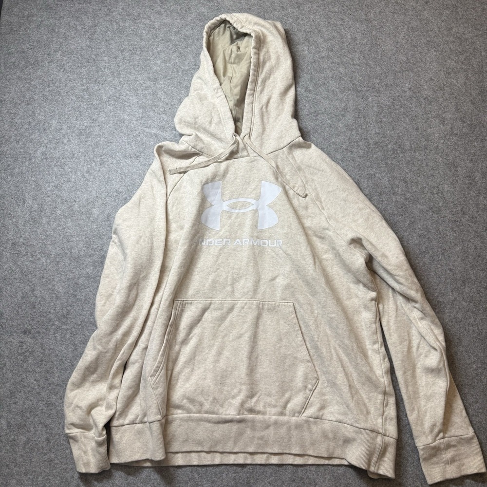 Under Armour Hoodie Mens XL Oatmeal Beige Logo Fleece Pullover Sweatshirt